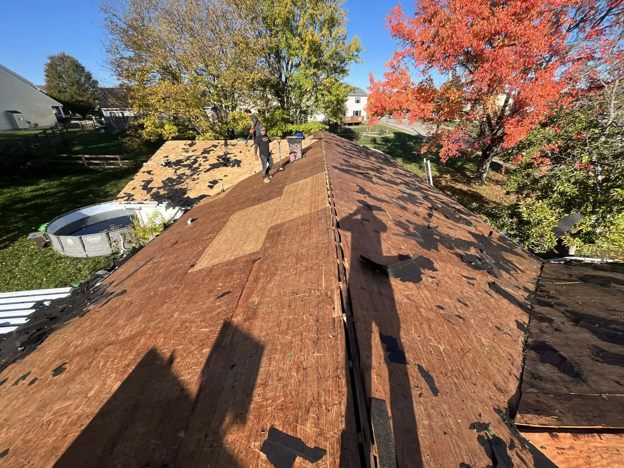 Roof deck exposed after tear-off, ready for underlayment and new shingles