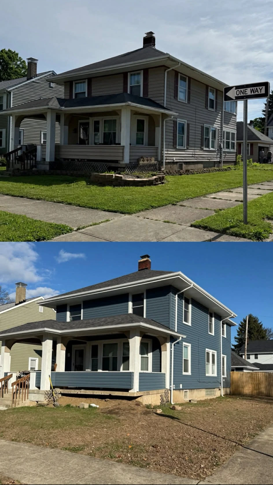 Before and after siding renovation showing dramatic curb appeal improvement