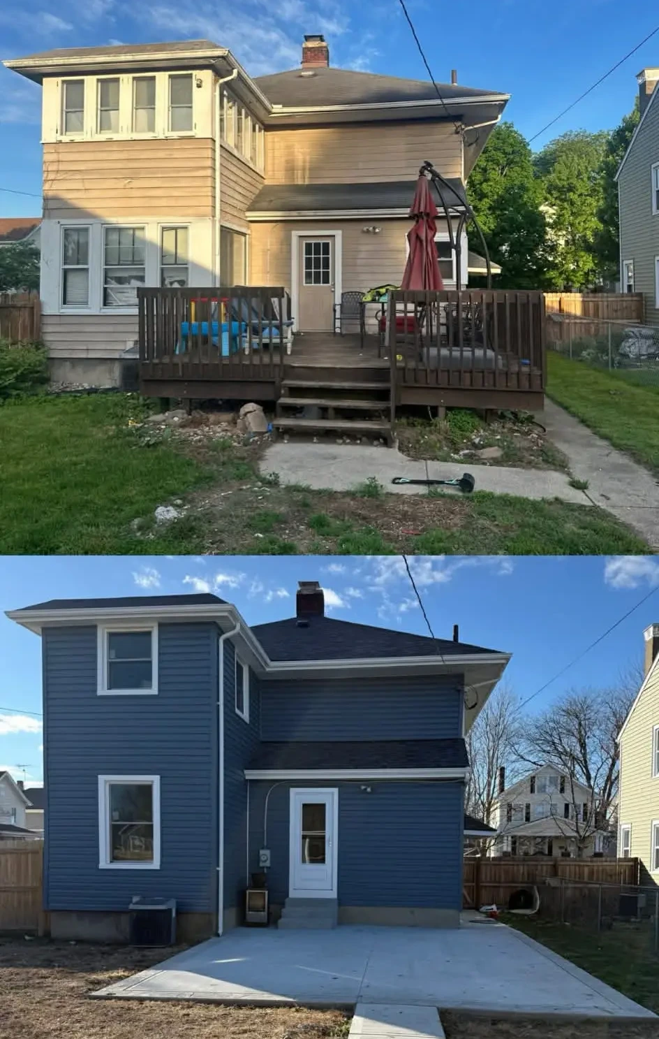 Wide exterior view of a completed siding replacement project