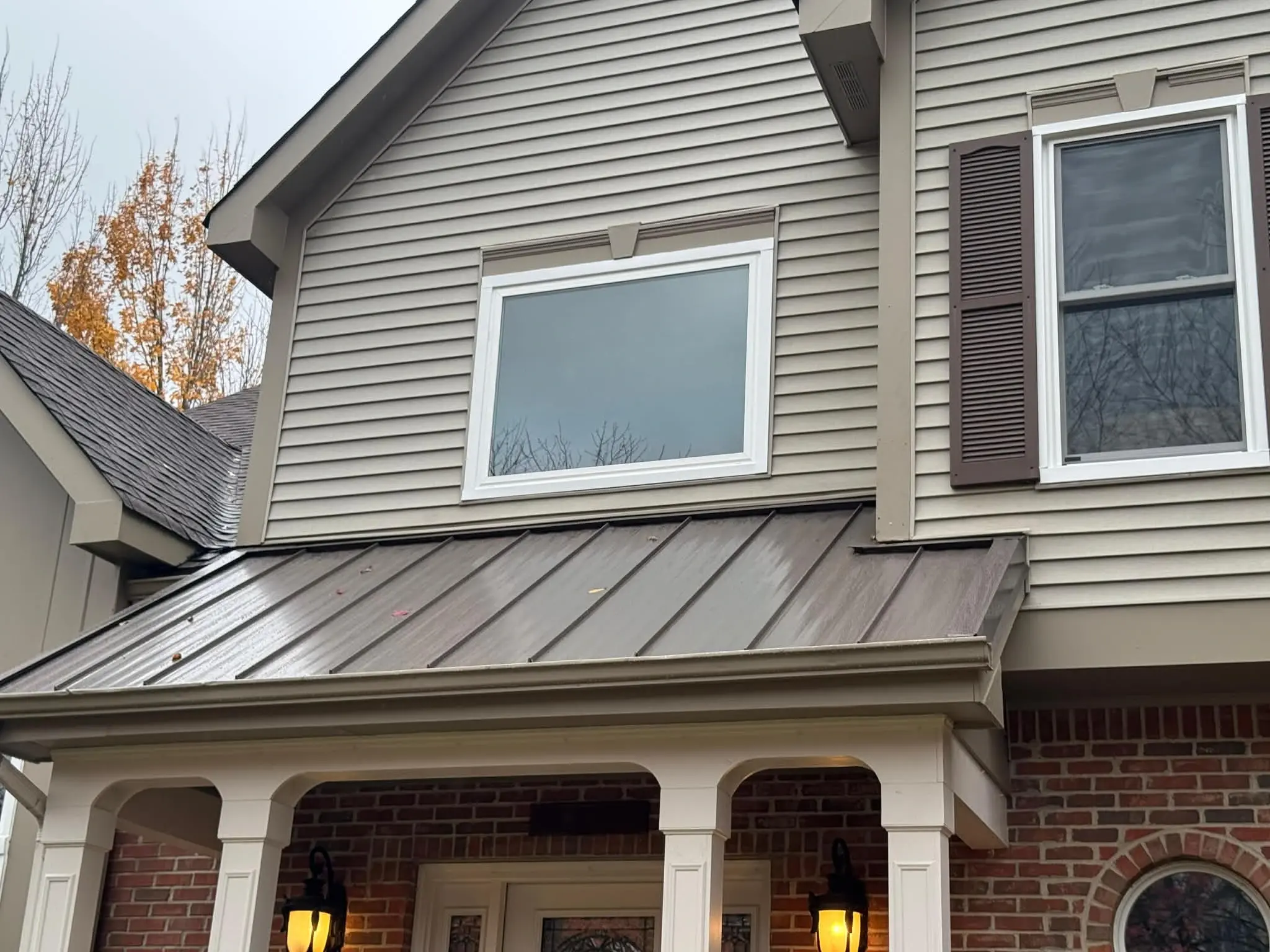 Soffit and roof overhang where gutters meet the roofline